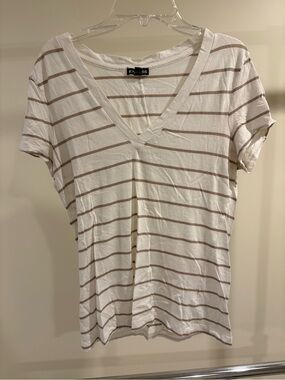 Express White V-Neck Tee with Tan Stripes